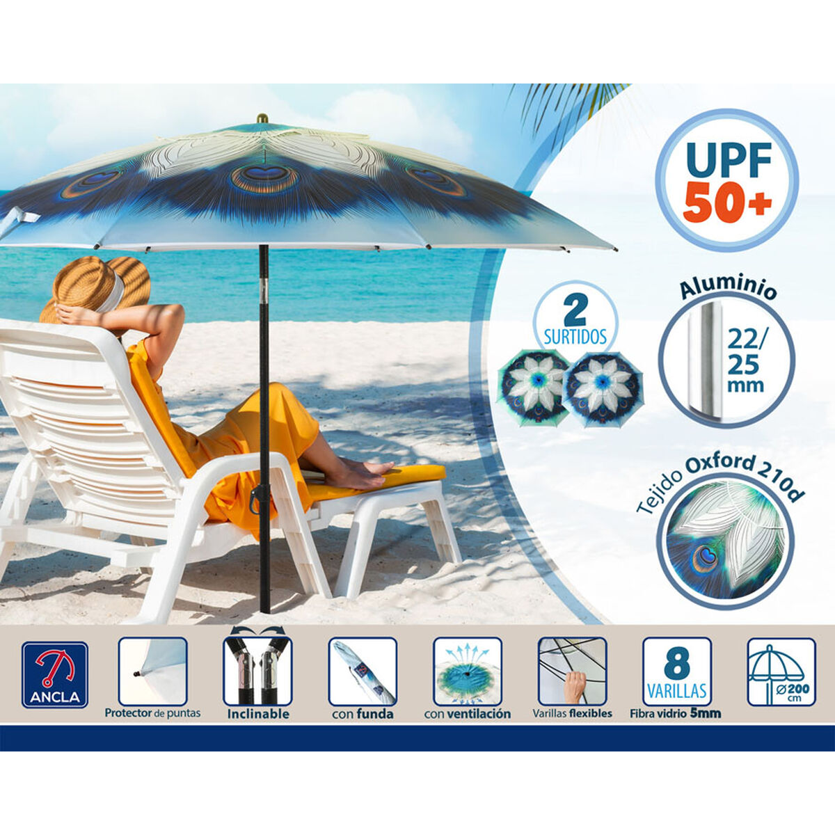 Chapéu de praia Azul Ø 200 cm SPF50+ Pavão 3 S1137373_2