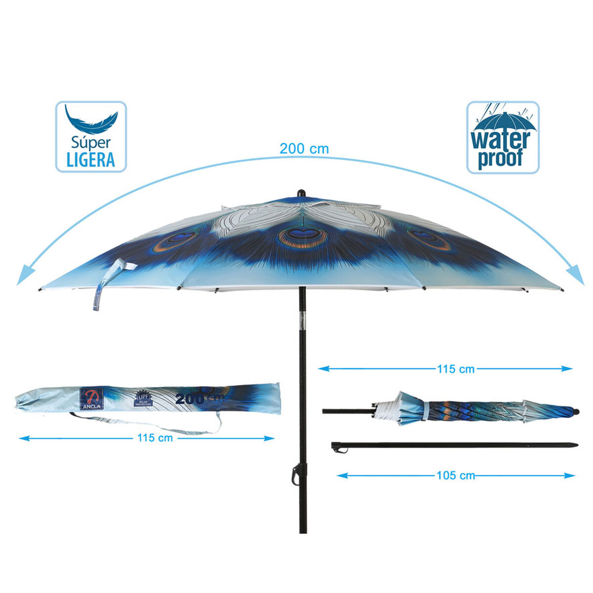 Chapéu de praia Azul Ø 200 cm SPF50+ Pavão 5 S1137373_4